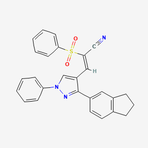 molecular formula C27H21N3O2S B2804615 3-[3-(2,3-dihydro-1H-inden-5-yl)-1-phenyl-1H-pyrazol-4-yl]-2-(phenylsulfonyl)acrylonitrile CAS No. 956923-23-2