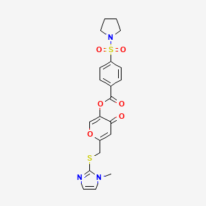molecular formula C21H21N3O6S2 B2804622 6-(((1-methyl-1H-imidazol-2-yl)thio)methyl)-4-oxo-4H-pyran-3-yl 4-(pyrrolidin-1-ylsulfonyl)benzoate CAS No. 896311-11-8