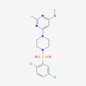 molecular formula C16H18Cl2N4O3S B2804634 4-(4-((2,5-Dichlorophenyl)sulfonyl)piperazin-1-yl)-6-methoxy-2-methylpyrimidine CAS No. 946250-08-4