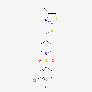 molecular formula C16H18ClFN2O2S3 B2804675 2-(((1-((3-Chloro-4-fluorophenyl)sulfonyl)piperidin-4-yl)methyl)thio)-4-methylthiazole CAS No. 1428349-61-4