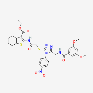 molecular formula C31H32N6O8S2 B2804676 Ethyl 2-[[2-[[5-[[(3,5-dimethoxybenzoyl)amino]methyl]-4-(4-nitrophenyl)-1,2,4-triazol-3-yl]sulfanyl]acetyl]amino]-4,5,6,7-tetrahydro-1-benzothiophene-3-carboxylate CAS No. 393850-98-1
