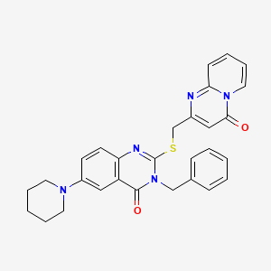 molecular formula C29H27N5O2S B2804688 3-Benzyl-2-[(4-oxopyrido[1,2-a]pyrimidin-2-yl)methylsulfanyl]-6-piperidin-1-ylquinazolin-4-one CAS No. 896702-11-7