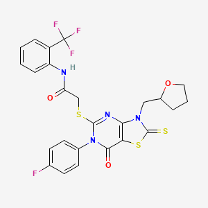 2-((6-(4-fluorophenyl)-7-oxo-3-((tetrahydrofuran-2-yl)methyl)-2-thioxo-2,3,6,7-tetrahydrothiazolo[4,5-d]pyrimidin-5-yl)thio)-N-(2-(trifluoromethyl)phenyl)acetamide