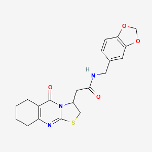 molecular formula C20H21N3O4S B2804851 N-(苯并[d][1,3]二噁烷-5-基甲基)-2-(5-氧代-3,5,6,7,8,9-六氢-2H-噻唑并[2,3-b]喹唑啉-3-基)乙酰胺 CAS No. 1021024-70-3