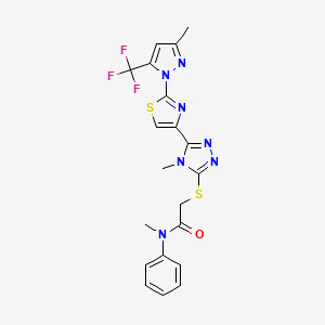 molecular formula C20H18F3N7OS2 B2804853 N-甲基-2-[(4-甲基-5-{2-[3-甲基-5-(三氟甲基)-1H-吡唑-1-基]-1,3-噻唑-4-基}-4H-1,2,4-噁唑-3-基)硫代]-N-苯基乙酰胺 CAS No. 956263-82-4