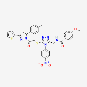 4-methoxy-N-((4-(4-nitrophenyl)-5-((2-oxo-2-(3-(thiophen-2-yl)-5-(p-tolyl)-4,5-dihydro-1H-pyrazol-1-yl)ethyl)thio)-4H-1,2,4-triazol-3-yl)methyl)benzamide