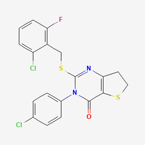 molecular formula C19H13Cl2FN2OS2 B2805080 2-[(2-Chloro-6-fluorophenyl)methylsulfanyl]-3-(4-chlorophenyl)-6,7-dihydrothieno[3,2-d]pyrimidin-4-one CAS No. 687565-79-3