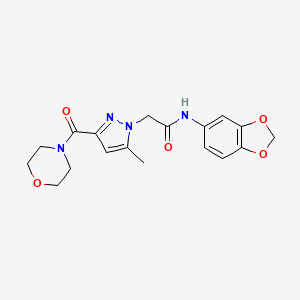 molecular formula C18H20N4O5 B2805083 N-(苯并[d][1,3]二噁杂环-5-基)-2-(5-甲基-3-(吗啉-4-甲酰)-1H-吡唑-1-基)乙酰胺 CAS No. 1171656-21-5