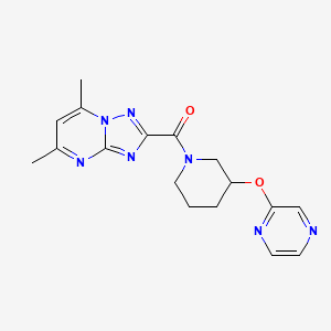 molecular formula C17H19N7O2 B2805098 (5,7-Dimethyl-[1,2,4]triazolo[1,5-a]pyrimidin-2-yl)(3-(pyrazin-2-yloxy)piperidin-1-yl)methanone CAS No. 2034228-12-9