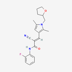 molecular formula C21H22FN3O2 B2805144 (E)-2-Cyano-3-[2,5-dimethyl-1-(oxolan-2-ylmethyl)pyrrol-3-yl]-N-(2-fluorophenyl)prop-2-enamide CAS No. 679418-91-8