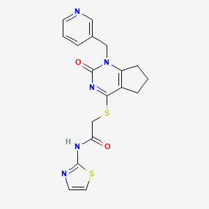 molecular formula C18H17N5O2S2 B2805154 2-((2-oxo-1-(pyridin-3-ylmethyl)-2,5,6,7-tetrahydro-1H-cyclopenta[d]pyrimidin-4-yl)thio)-N-(thiazol-2-yl)acetamide CAS No. 933251-31-1