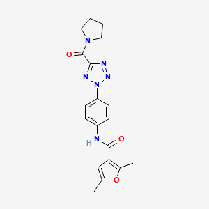 molecular formula C19H20N6O3 B2805221 2,5-dimethyl-N-(4-(5-(pyrrolidine-1-carbonyl)-2H-tetrazol-2-yl)phenyl)furan-3-carboxamide CAS No. 1396800-43-3