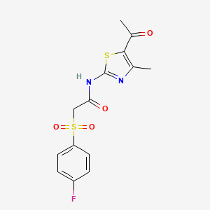 molecular formula C14H13FN2O4S2 B2805339 N-(5-acetyl-4-methylthiazol-2-yl)-2-((4-fluorophenyl)sulfonyl)acetamide CAS No. 895472-37-4