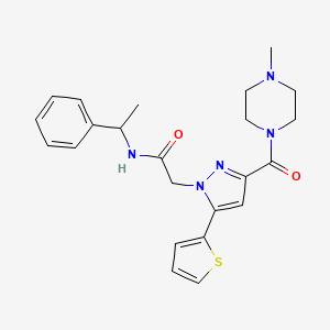 molecular formula C23H27N5O2S B2805422 2-(3-(4-methylpiperazine-1-carbonyl)-5-(thiophen-2-yl)-1H-pyrazol-1-yl)-N-(1-phenylethyl)acetamide CAS No. 1172460-38-6