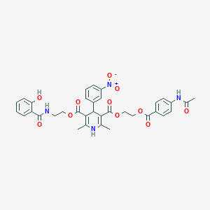 molecular formula C35H34N4O11 B280549 3-(2-{[4-(Acetylamino)benzoyl]oxy}ethyl) 5-{2-[(2-hydroxybenzoyl)amino]ethyl} 4-{3-nitrophenyl}-2,6-dimethyl-1,4-dihydro-3,5-pyridinedicarboxylate 