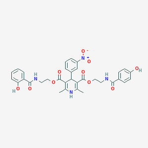 molecular formula C33H32N4O10 B280550 3-{2-[(2-Hydroxybenzoyl)amino]ethyl} 5-{2-[(4-hydroxybenzoyl)amino]ethyl} 4-{3-nitrophenyl}-2,6-dimethyl-1,4-dihydro-3,5-pyridinedicarboxylate 