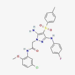 molecular formula C25H23ClFN5O4S B2805513 2-(5-氨基-3-((4-氟苯基)氨基)-4-对甲苯磺酰-1H-吡唑-1-基)-N-(5-氯-2-甲氧基苯基)乙酰胺 CAS No. 2034546-74-0