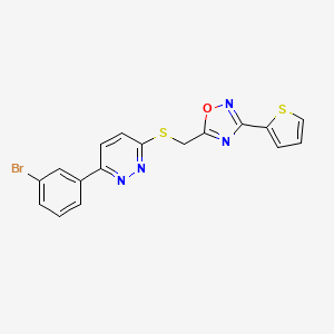 molecular formula C17H11BrN4OS2 B2805533 3-(3-Bromophenyl)-6-({[3-(2-thienyl)-1,2,4-oxadiazol-5-yl]methyl}thio)pyridazine CAS No. 1115285-04-5