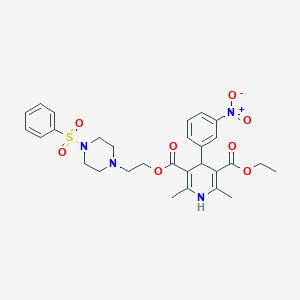 molecular formula C29H34N4O8S B280559 3-Ethyl 5-{2-[4-(phenylsulfonyl)-1-piperazinyl]ethyl} 4-{3-nitrophenyl}-2,6-dimethyl-1,4-dihydro-3,5-pyridinedicarboxylate 