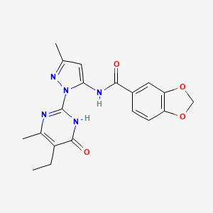 molecular formula C19H19N5O4 B2805616 N-(1-(5-ethyl-4-methyl-6-oxo-1,6-dihydropyrimidin-2-yl)-3-methyl-1H-pyrazol-5-yl)benzo[d][1,3]dioxole-5-carboxamide CAS No. 1001943-49-2