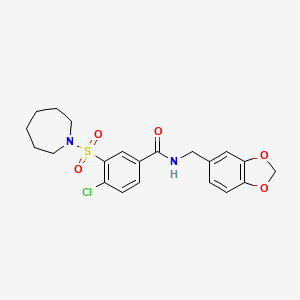 molecular formula C21H23ClN2O5S B2805687 3-(环庚烷-1-基磺酰)-N-(1,3-苯并二氧杂环戊-5-基甲基)-4-氯苯甲酰胺 CAS No. 790242-80-7