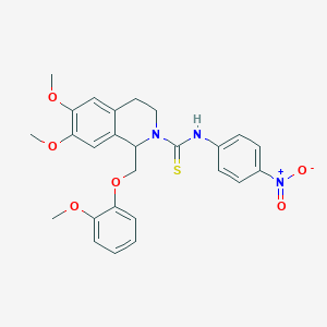 molecular formula C26H27N3O6S B2805690 6,7-dimethoxy-1-((2-methoxyphenoxy)methyl)-N-(4-nitrophenyl)-3,4-dihydroisoquinoline-2(1H)-carbothioamide CAS No. 536699-43-1