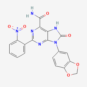 molecular formula C19H12N6O6 B2805806 9-(benzo[d][1,3]dioxol-5-yl)-2-(2-nitrophenyl)-8-oxo-8,9-dihydro-7H-purine-6-carboxamide CAS No. 896301-36-3