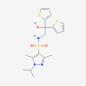 molecular formula C18H23N3O3S3 B2805820 N-(2-羟基-2,2-二(噻吩-2-基)乙基)-1-异丙基-3,5-二甲基-1H-吡唑-4-磺酰胺 CAS No. 2034335-07-2