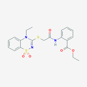molecular formula C20H21N3O5S2 B2805845 ethyl 2-(2-((4-ethyl-1,1-dioxido-4H-benzo[e][1,2,4]thiadiazin-3-yl)thio)acetamido)benzoate CAS No. 941950-73-8