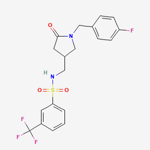 molecular formula C19H18F4N2O3S B2805885 N-((1-(4-fluorobenzyl)-5-oxopyrrolidin-3-yl)methyl)-3-(trifluoromethyl)benzenesulfonamide CAS No. 954609-89-3