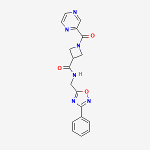 molecular formula C18H16N6O3 B2805909 N-((3-phenyl-1,2,4-oxadiazol-5-yl)methyl)-1-(pyrazine-2-carbonyl)azetidine-3-carboxamide CAS No. 1396865-62-5