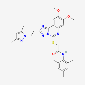 molecular formula C29H33N7O3S B2805944 2-((2-(2-(3,5-dimethyl-1H-pyrazol-1-yl)ethyl)-8,9-dimethoxy-[1,2,4]triazolo[1,5-c]quinazolin-5-yl)thio)-N-mesitylacetamide CAS No. 1020048-24-1