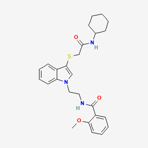 molecular formula C26H31N3O3S B2805991 N-(2-(3-((2-(cyclohexylamino)-2-oxoethyl)thio)-1H-indol-1-yl)ethyl)-2-methoxybenzamide CAS No. 443332-66-9