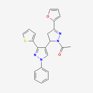molecular formula C22H18N4O2S B2806043 1-(5-(furan-2-yl)-1'-phenyl-3'-(thiophen-2-yl)-3,4-dihydro-1'H,2H-[3,4'-bipyrazol]-2-yl)ethanone CAS No. 876941-33-2