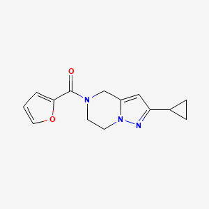 molecular formula C14H15N3O2 B2806088 (2-cyclopropyl-6,7-dihydropyrazolo[1,5-a]pyrazin-5(4H)-yl)(furan-2-yl)methanone CAS No. 2034379-81-0