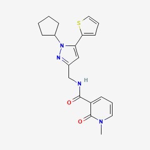 molecular formula C20H22N4O2S B2806138 N-((1-cyclopentyl-5-(thiophen-2-yl)-1H-pyrazol-3-yl)methyl)-1-methyl-2-oxo-1,2-dihydropyridine-3-carboxamide CAS No. 1421442-48-9