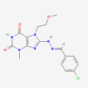 molecular formula C16H17ClN6O3 B2806180 8-[(2E)-2-(4-chlorobenzylidene)hydrazinyl]-7-(2-methoxyethyl)-3-methyl-3,7-dihydro-1H-purine-2,6-dione CAS No. 372184-19-5
