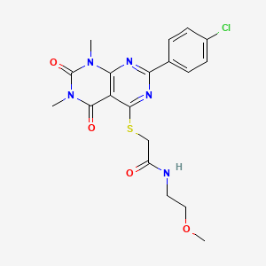 molecular formula C19H20ClN5O4S B2806182 2-((2-(4-chlorophenyl)-6,8-dimethyl-5,7-dioxo-5,6,7,8-tetrahydropyrimido[4,5-d]pyrimidin-4-yl)thio)-N-(2-methoxyethyl)acetamide CAS No. 893914-25-5