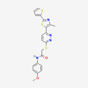 molecular formula C21H18N4O2S3 B2806184 N-(4-methoxyphenyl)-2-((6-(4-methyl-2-(thiophen-2-yl)thiazol-5-yl)pyridazin-3-yl)thio)acetamide CAS No. 1005296-69-4