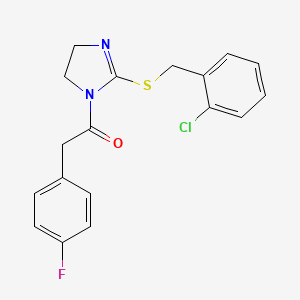 molecular formula C18H16ClFN2OS B2806247 1-(2-((2-chlorobenzyl)thio)-4,5-dihydro-1H-imidazol-1-yl)-2-(4-fluorophenyl)ethanone CAS No. 851804-11-0