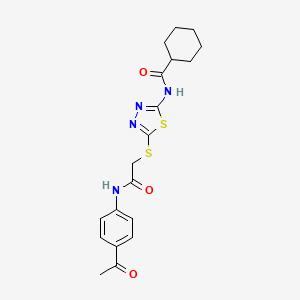 molecular formula C19H22N4O3S2 B2806251 N-[5-[2-(4-acetylanilino)-2-oxoethyl]sulfanyl-1,3,4-thiadiazol-2-yl]cyclohexanecarboxamide CAS No. 868972-91-2
