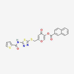 molecular formula C24H15N3O5S3 B2806253 4-oxo-6-(((5-(thiophene-2-carboxamido)-1,3,4-thiadiazol-2-yl)thio)methyl)-4H-pyran-3-yl 2-naphthoate CAS No. 877643-46-4