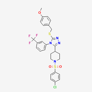 molecular formula C28H26ClF3N4O3S2 B2806295 4-[({5-{1-[(4-chlorophenyl)sulfonyl]-4-piperidinyl}-4-[3-(trifluoromethyl)phenyl]-4H-1,2,4-triazol-3-yl}sulfanyl)methyl]phenyl methyl ether CAS No. 383148-11-6