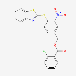 molecular formula C21H13ClN2O4S2 B2806313 [4-(1,3-Benzothiazol-2-ylsulfanyl)-3-nitrophenyl]methyl 2-chlorobenzoate CAS No. 320424-23-5