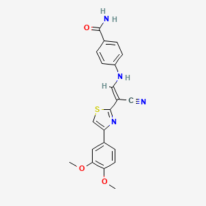 molecular formula C21H18N4O3S B2806433 (E)-4-((2-氰基-2-(4-(3,4-二甲氧基苯基)噻唑-2-基)乙烯基)氨基)苯甲酰胺 CAS No. 369392-39-2