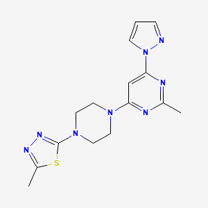 molecular formula C15H18N8S B2806469 2-Methyl-5-[4-(2-methyl-6-pyrazol-1-ylpyrimidin-4-yl)piperazin-1-yl]-1,3,4-thiadiazole CAS No. 2415584-67-5