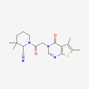 molecular formula C18H22N4O2S B2806483 1-(2-{5,6-dimethyl-4-oxo-3H,4H-thieno[2,3-d]pyrimidin-3-yl}acetyl)-3,3-dimethylpiperidine-2-carbonitrile CAS No. 1808813-77-5