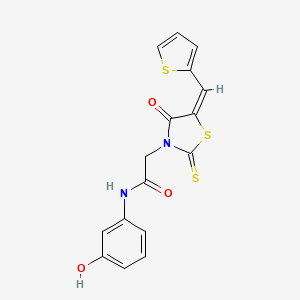 molecular formula C16H12N2O3S3 B2806554 (E)-N-(3-hydroxyphenyl)-2-(4-oxo-5-(thiophen-2-ylmethylene)-2-thioxothiazolidin-3-yl)acetamide CAS No. 637317-94-3