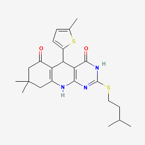 molecular formula C23H29N3O2S2 B2806578 2-(isopentylthio)-8,8-dimethyl-5-(5-methylthiophen-2-yl)-7,8,9,10-tetrahydropyrimido[4,5-b]quinoline-4,6(3H,5H)-dione CAS No. 631855-00-0