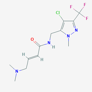 molecular formula C12H16ClF3N4O B2806585 (E)-N-[[4-Chloro-2-methyl-5-(trifluoromethyl)pyrazol-3-yl]methyl]-4-(dimethylamino)but-2-enamide CAS No. 2411326-27-5